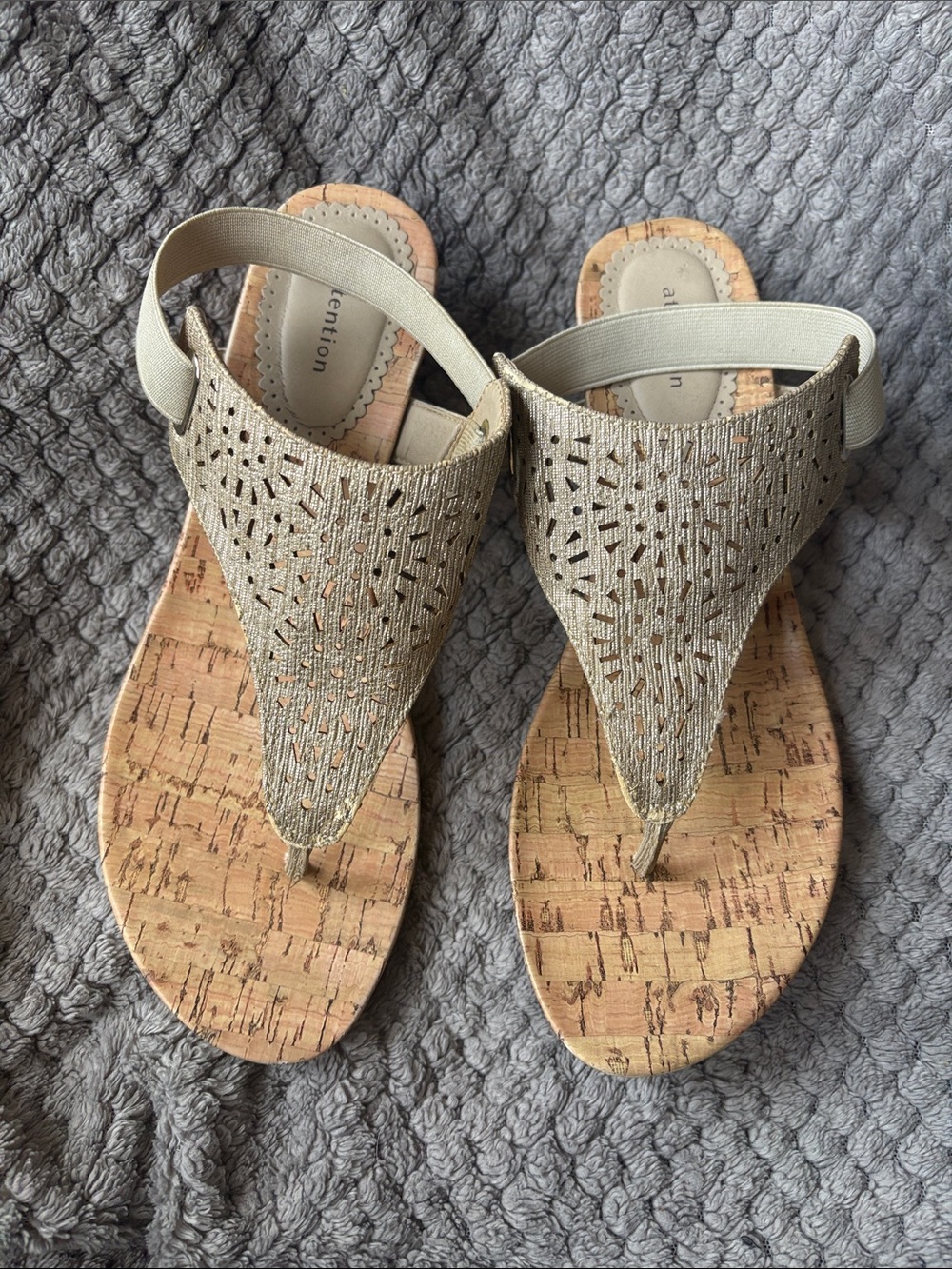 attention Metallic Gold Cork Thong Sandals with Elastic Sling
